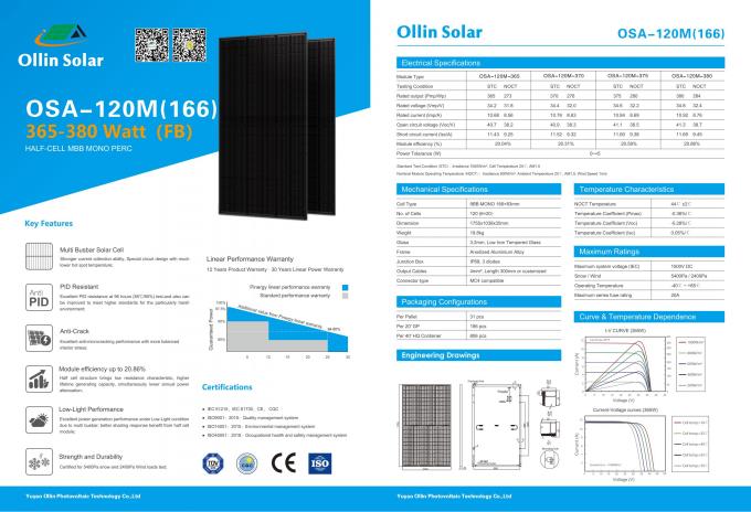 380W el panel de energía solar impermeable solar monocristalino del panel IP67 0